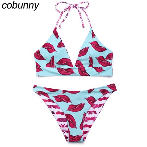 Cobunny 2017 Sexy Bikini Set Women Swimwear Leaf Print Sport Swimsuit