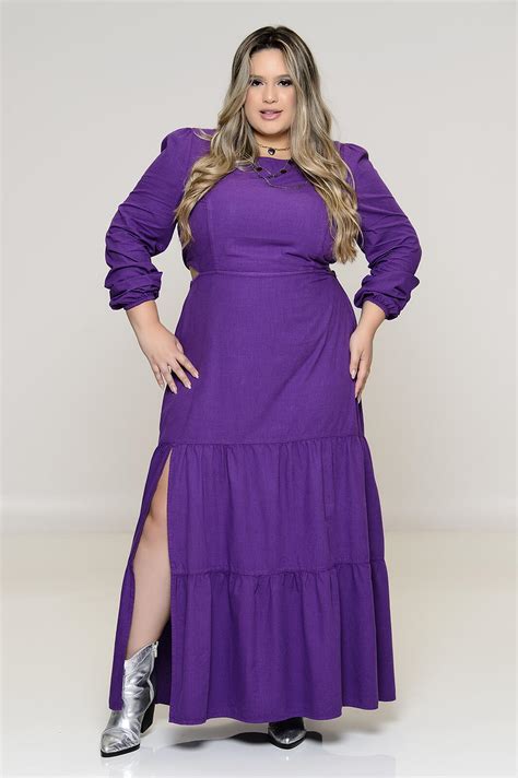 Vestido Plus Size Longo Em Linho Roxo Vk Moda Plus Size