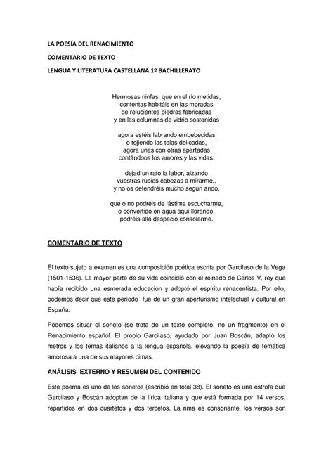 Comentario De Texto Garcilaso De La Vega La Poes A Del Renacimiento