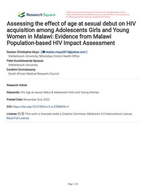 Pdf Assessing The Effect Of Age At Sexual Debut On Hiv Acquisition