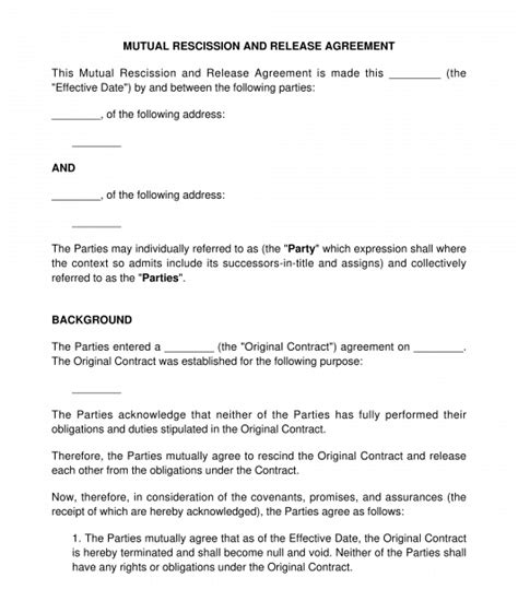 Mutual Rescission And Release Agreement Template