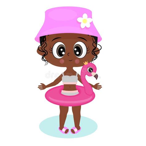 Cute Cartoon Afro Girl In Panama Hat In Flat Style In Swimsuit Floating