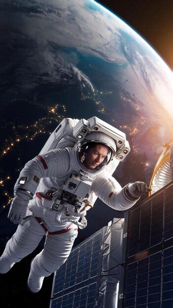 space engineer servicing  panel   communication satellite premium