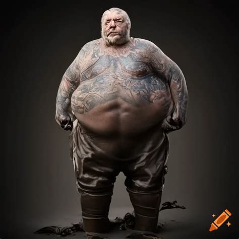 Fat Obese Old Man Tattoo Bearded In Grey Leather In Grey Waders Standing In Traditional Suit In