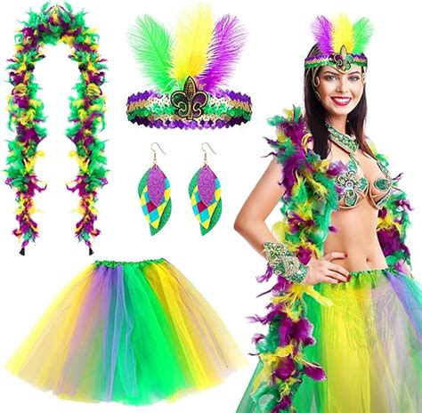 Retisee 4 Pcs Mardi Gras Headband Mardi Gras Feather Boa Tutu Skirt Earrings For