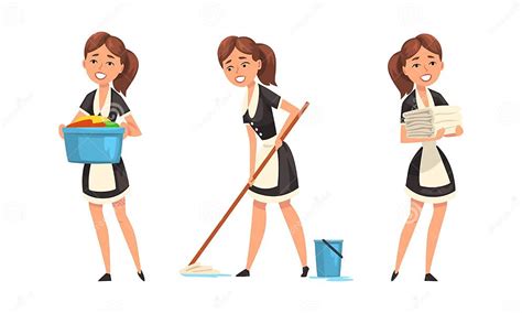 Smiling Maid Or Housemaid In Black Dress And White Apron Mopping Floor And Doing Laundry Vector