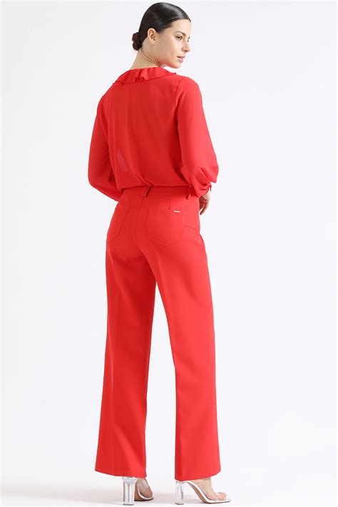 Ripley Pantalon Ancho Mujer Liola Rojo Tiro Medio Boton Joya