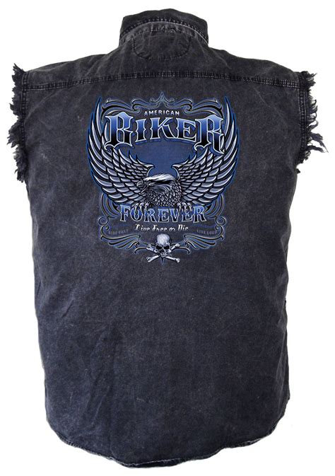 Mens Biker Forever Eagle Acid Washed Charcoal Denim Cutoff Biker Shirt