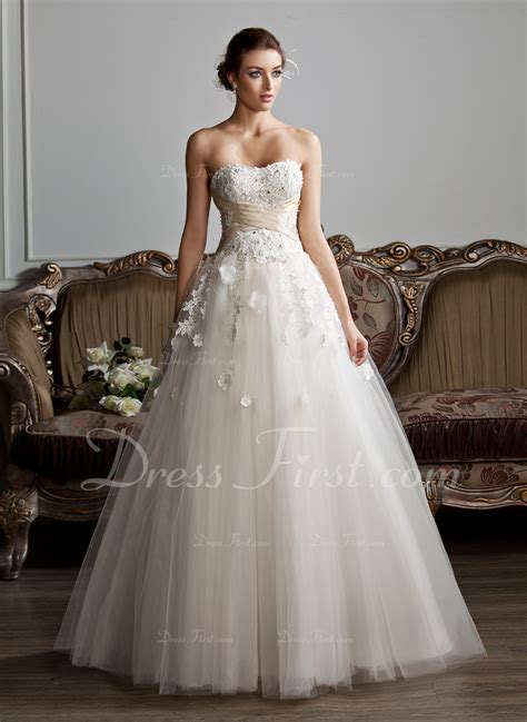 Ball Gown Sweetheart Floor Length Tulle Wedding Dress With Ruffle Sash