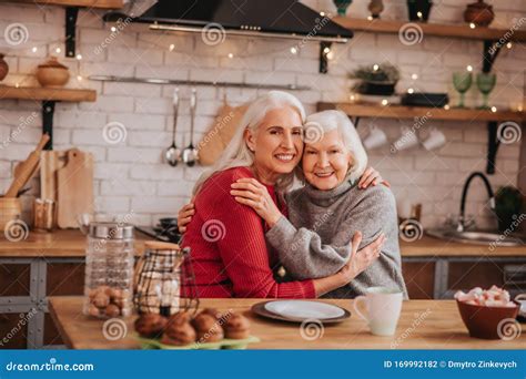 Two Mature Grey Haired Positive Ladies Feeling Great Together Stock