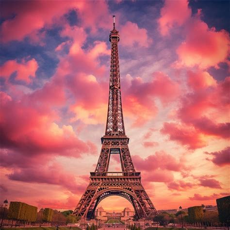 Premium Photo The Eiffel Tower Is Lit Up In A Pink Sunset