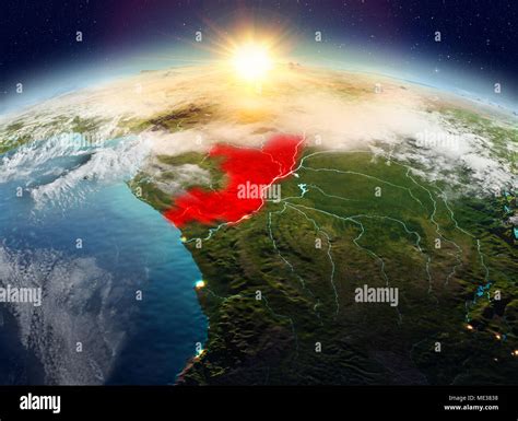 Satellite View Of Congo Highlighted In Red On Planet Earth With Clouds