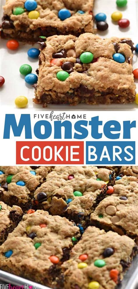 Monster Cookie Bars With M And M Cookies On Top And The Title Overlay