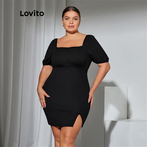 Lovito Plus Size Curve Casual Plain Split Zipper Puff Sleeve Women Dress Lps05022 Black