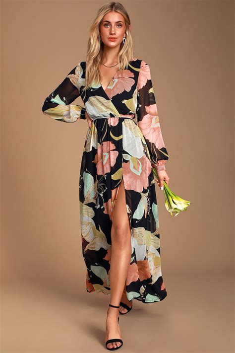 Lovely Black Floral Print Dress Maxi Dress Long Sleeve Dress Lulus