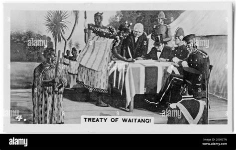 Firma del Tratado de Waitangi en 1840 cuando colonos maoríes e