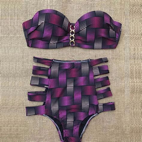 Women Checkered Geometric Print Plaid Split Bikini Set Female Metal