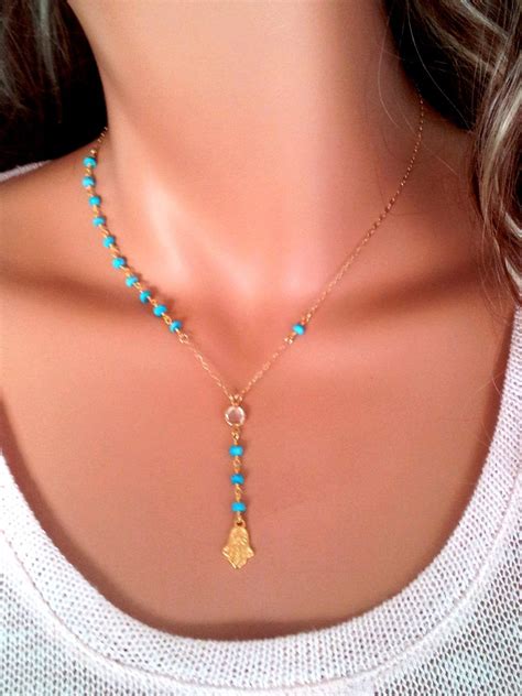 Gold Hamsa Necklace Turquoise Gemstone Y Style Lariat Etsy In