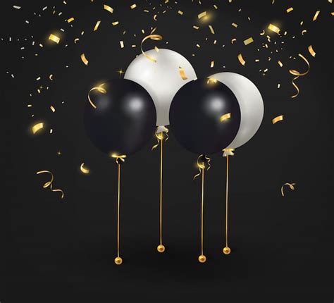 Conjunto De Globos Negros Blancos Con Confeti Dorado Vector Premium