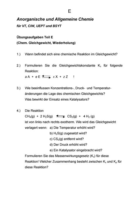 Uebung E Anorganische Und Allgemeine Chemie F R Vt Ciw Uept Und