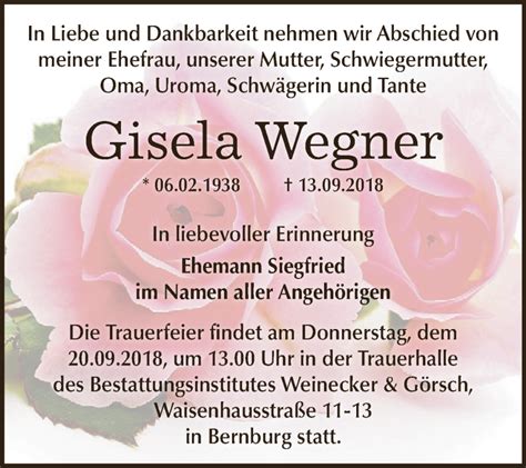 Traueranzeigen Von Gisela Wegner Abschied Nehmen De