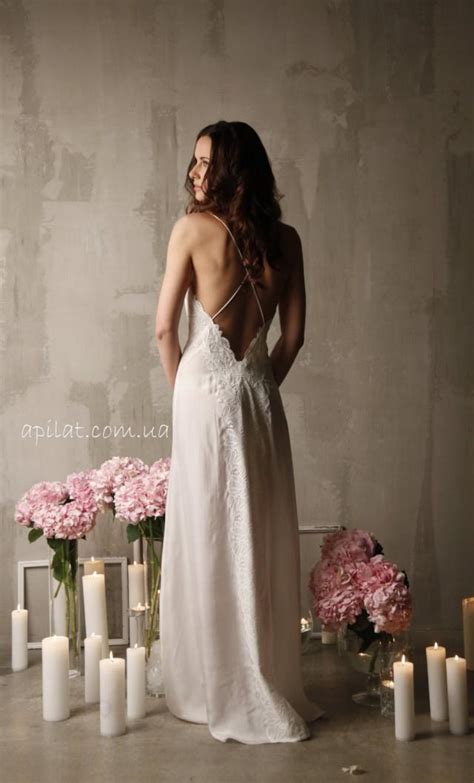 Long Silk Bridal Nightgown With Open Back And Lace F12 Lingerie