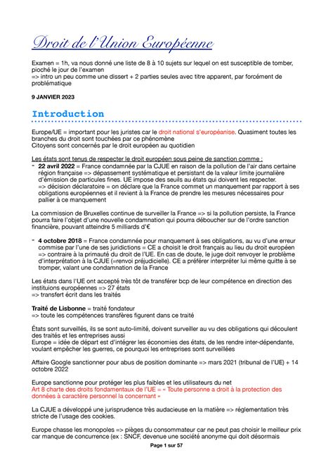 CM Droit de l UE Cours de M Droit de lUnion Européenne Examen