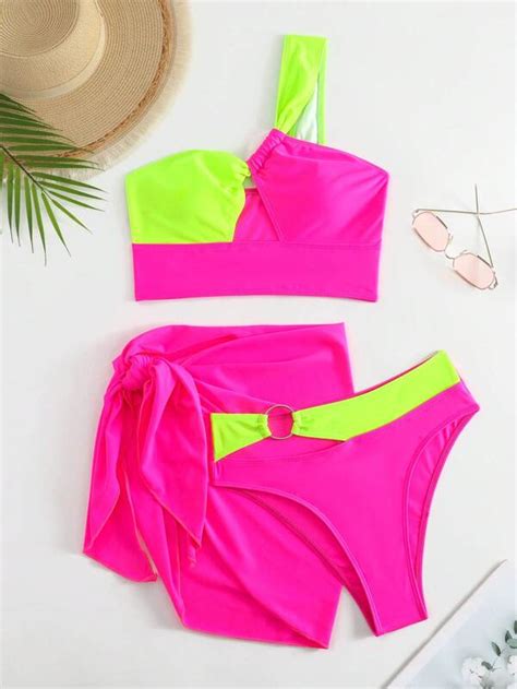 SHEIN Swim BAE Color Block One Shoulder Bikini Swimsuit With Beach