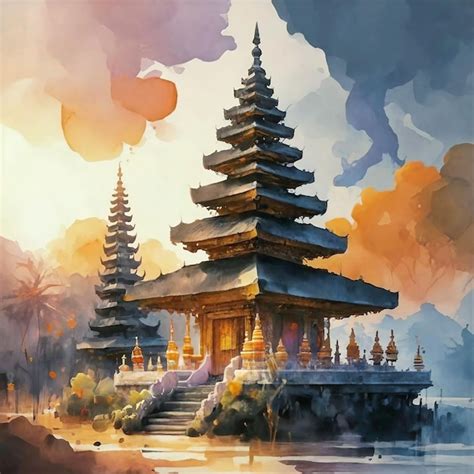 Premium Photo Watercolor Illustration Of Balinese Temple At Sunset