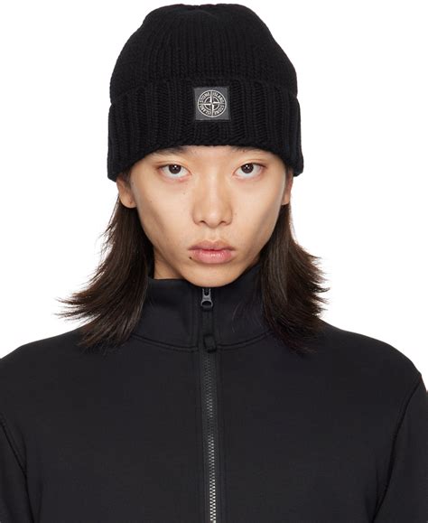 Stone Island Black Knitted Tonal Badge Beanie SSENSE