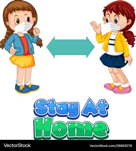 Stay At Home Font In Cartoon Style With Two Kids Vector Image