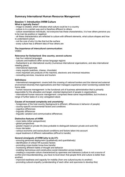 Zusammenfassung Hr Fr Hlingssemester Summary International Human