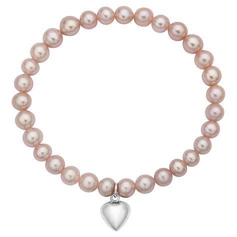 Freshwater Pink Pearl Stretch Bracelet With Silver Heart Charm 4 45mm