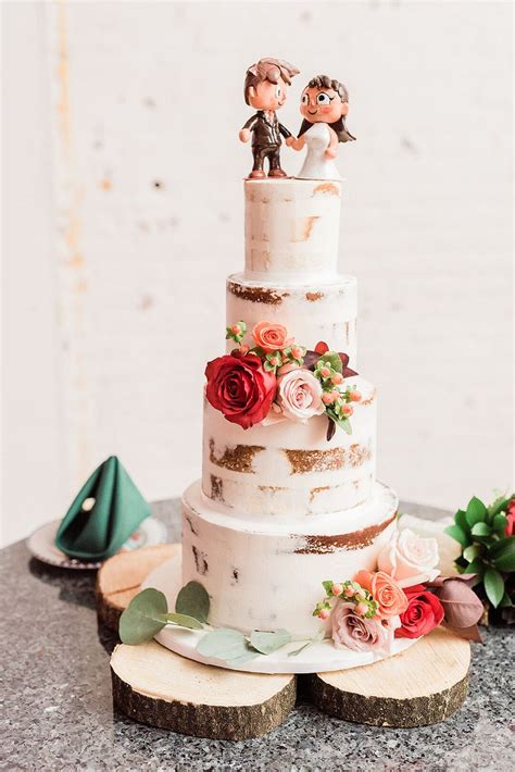 Rustic Semi Naked Cake With Wood Stand Flowers And Personalized Topper