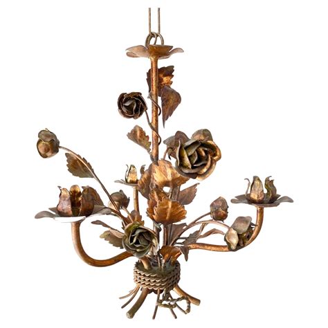 1960s Gilded German Chandelier With Floral Decor By Hans Kogl For Sale