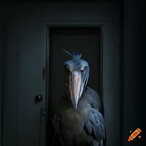 Creepy Shoebill Stork Walking Through Half Open Door In A Stormy