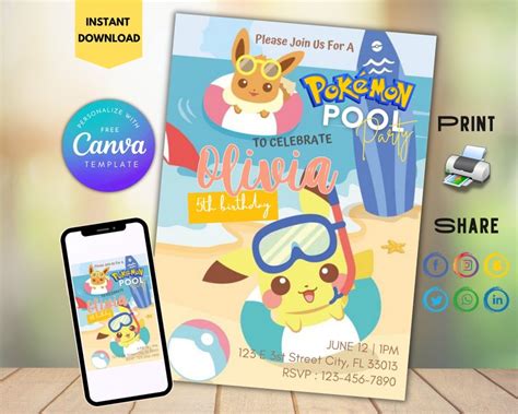 Editable Pokemon Pool Party Invitation Birthday Template Printable