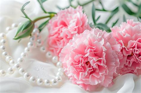 Pink Carnations Pearls White Background Premium Ai Generated Image