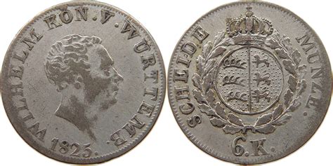 WÜRTTEMBERG 6 KREUZER 1825 Wilhelm I 1816 1864 SS MA Shops