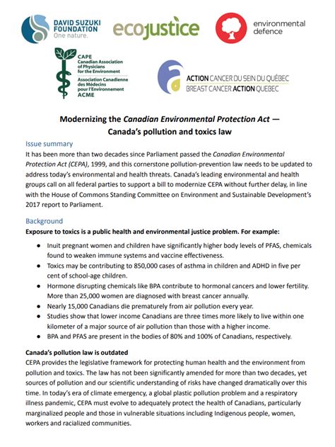 Briefing Note Modernizing The Canadian Environmental Protection Act Environmental Defence