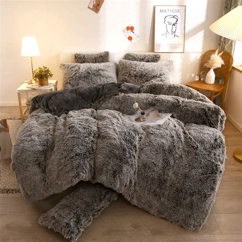 Xege 3 Pieces Fluffy Plush Duvet Cover Set Luxury Shaggy Comforter