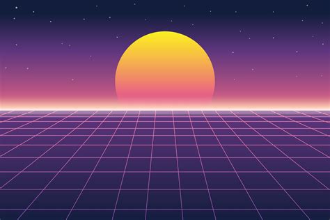 Ilustración vectorial de sol y paisaje digital en estilo retro fondo