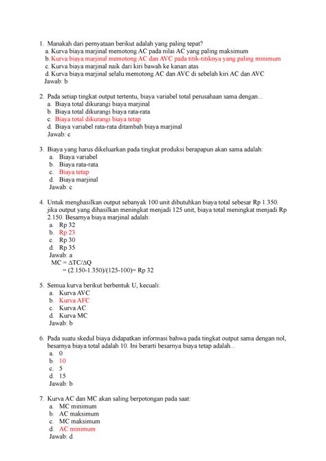 10 Contoh SOAL Teori Biaya Manakah Dari Pernyataan Berikut Adalah