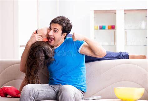 Wife Unhappy That Husband Is Watching Boxing Stock Photo Image Of