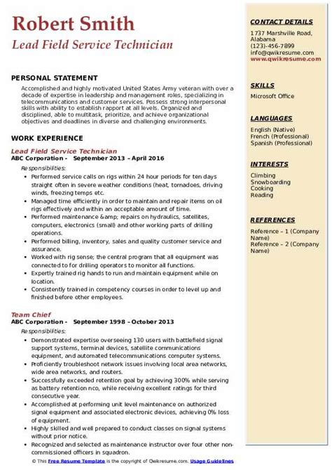 Field Service Technician Resume Samples Qwikresume