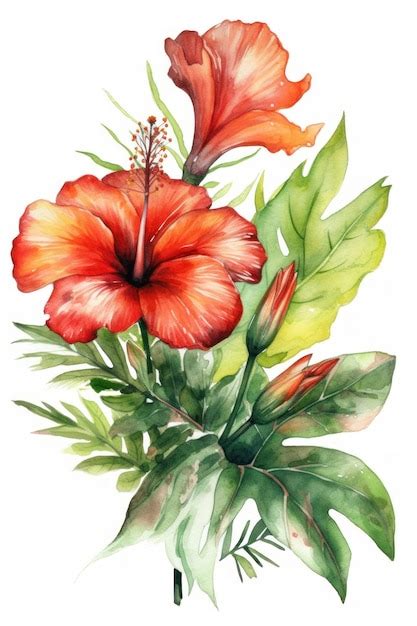 Una Pintura De Acuarela De Una Flor De Hibisco Rojo Con Hojas Verdes