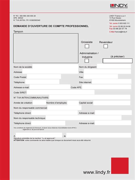 Fillable Online Lindy DEMANDE DOUVERTURE DE COMPTE PROFESSIONNEL Fax