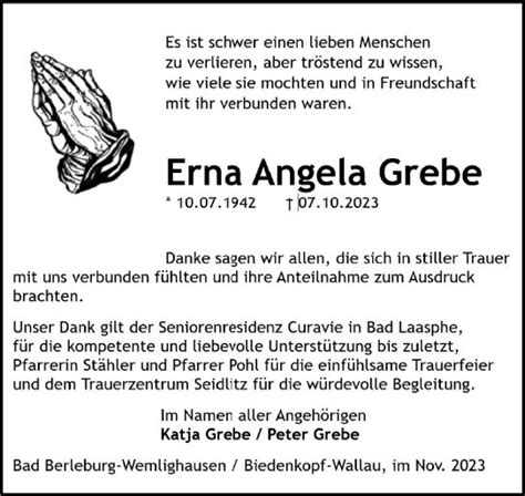 Traueranzeigen Von Erna Angela Grebe Vrm Trauer De