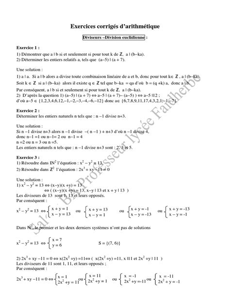 Pdf Exercices Corrig S Arithm Tique Pdf Dokumen Tips