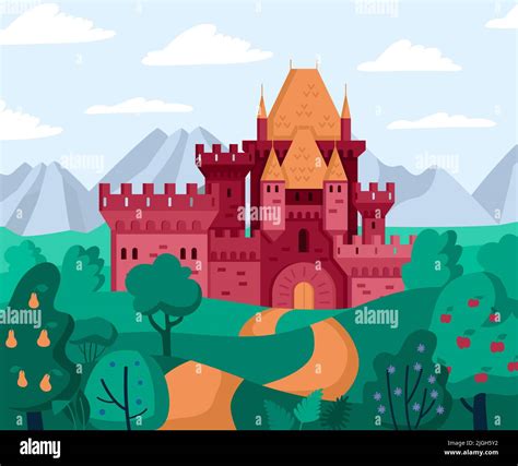 Kingdom castle composition with outdoor cartoon style landscape with ...